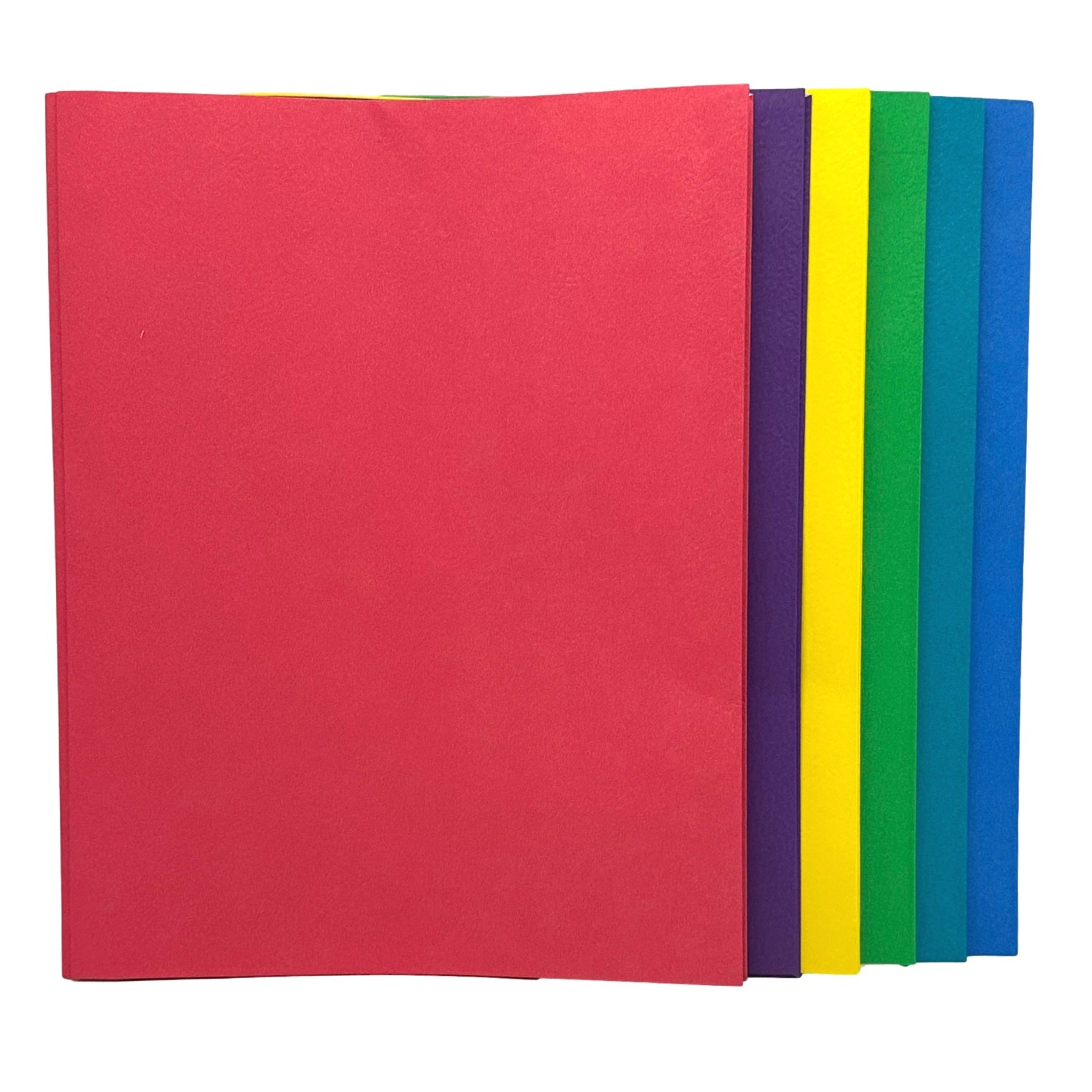 Stack of red, purple, yellow, green, teal, and blue construction paper.